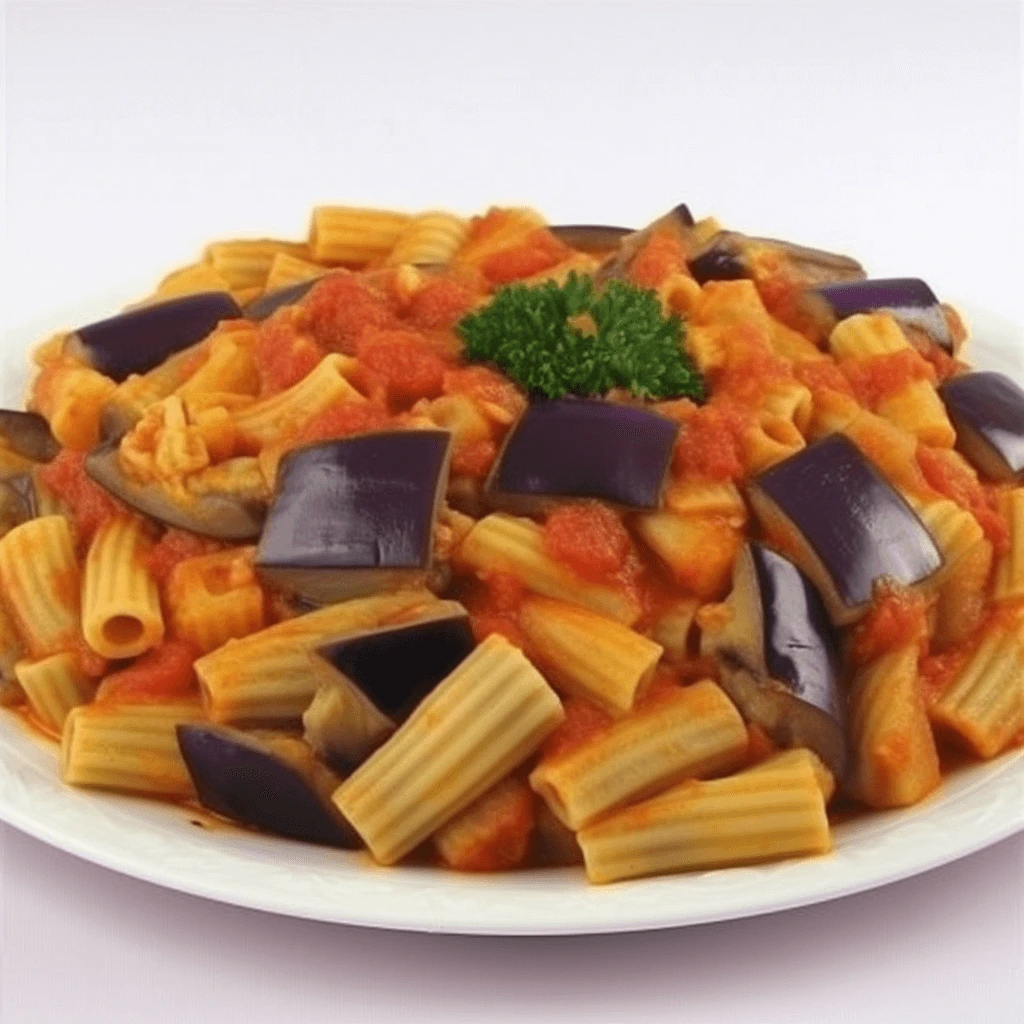 Piatto di Pasta alla Norma con melanzane fritte, ricotta salata grattugiata, salsa di pomodoro e basilico fresco