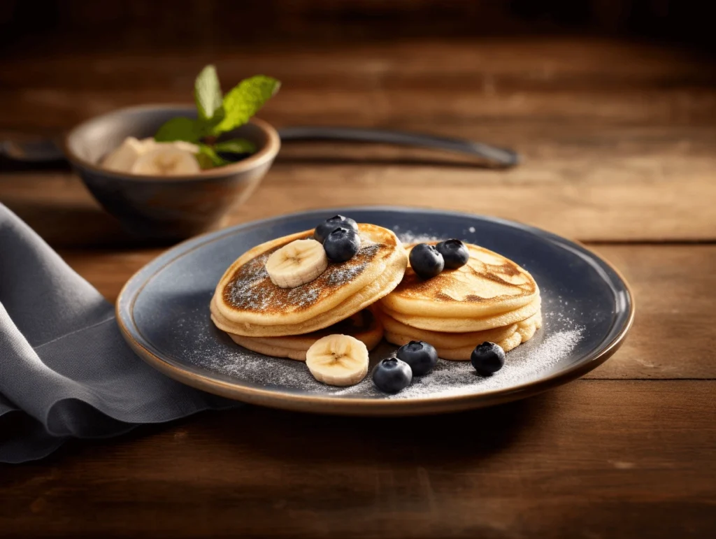 Una pila di pancake soffici decorati con mirtilli freschi, fettine di banana e cioccolato fuso, perfetti per una colazione golosa