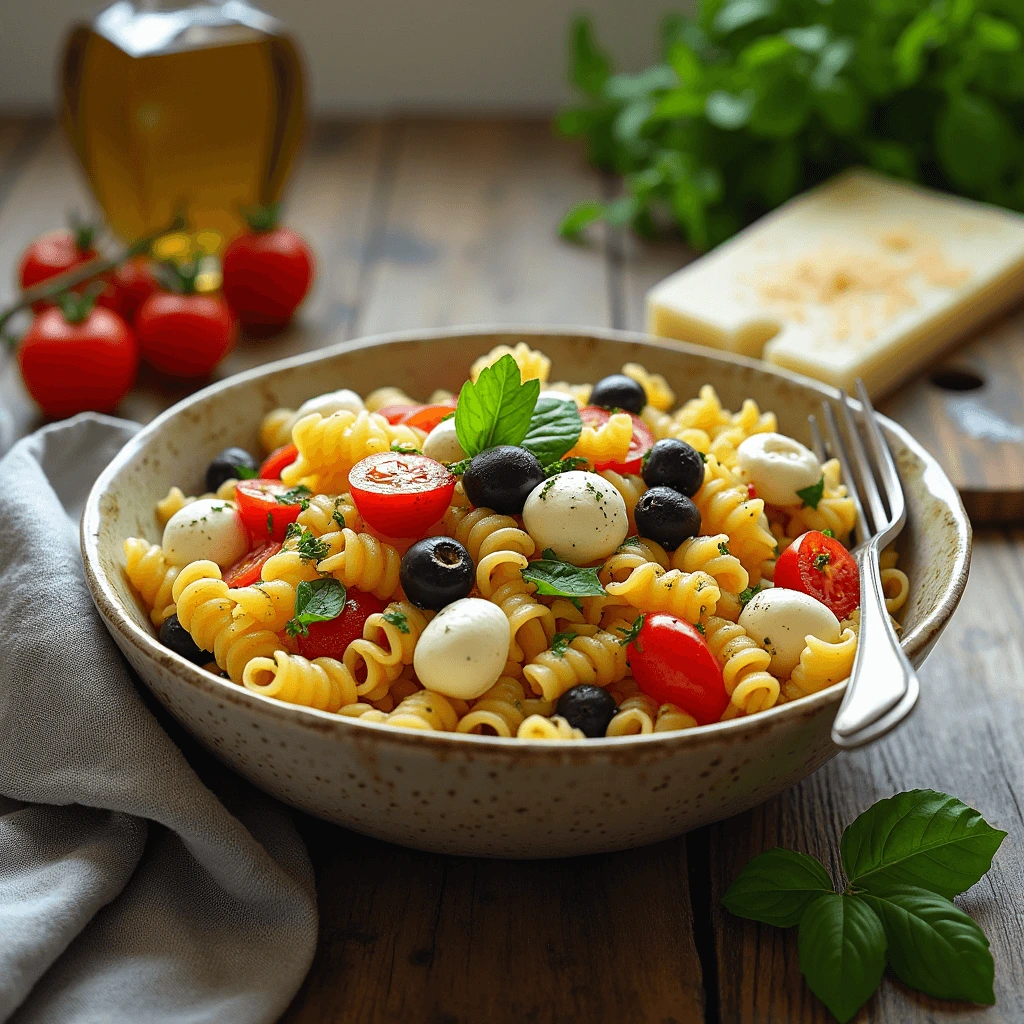 Piatto di pasta fredda con fusilli, pomodorini, mozzarella, olive nere e basilico su un tavolo di legno rustico.