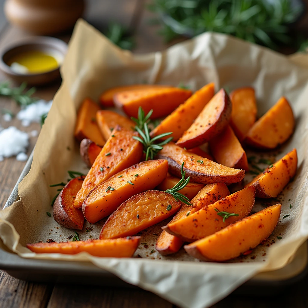 "Fette di patate dolci al forno dorate, condite con olio d'oliva, paprika e rosmarino fresco su una teglia rustica."