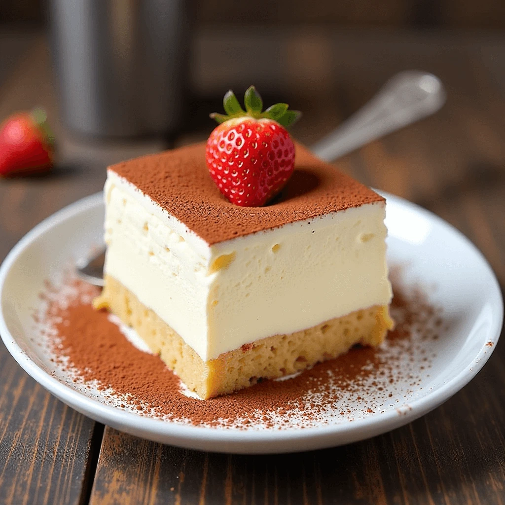"Tiramisù classico con 500 g di mascarpone, strati di savoiardi imbevuti nel caffè e crema soffice, decorato con cacao amaro."