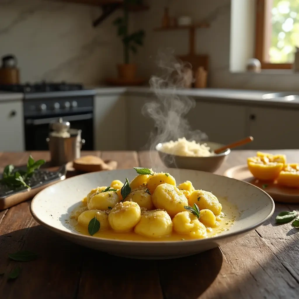 Un piatto di gnocchi di patate fatti a mano, conditi con burro fuso e salvia fresca, serviti su un tavolo rustico di legno scuro accanto a una ciotola di Parmigiano grattugiato.