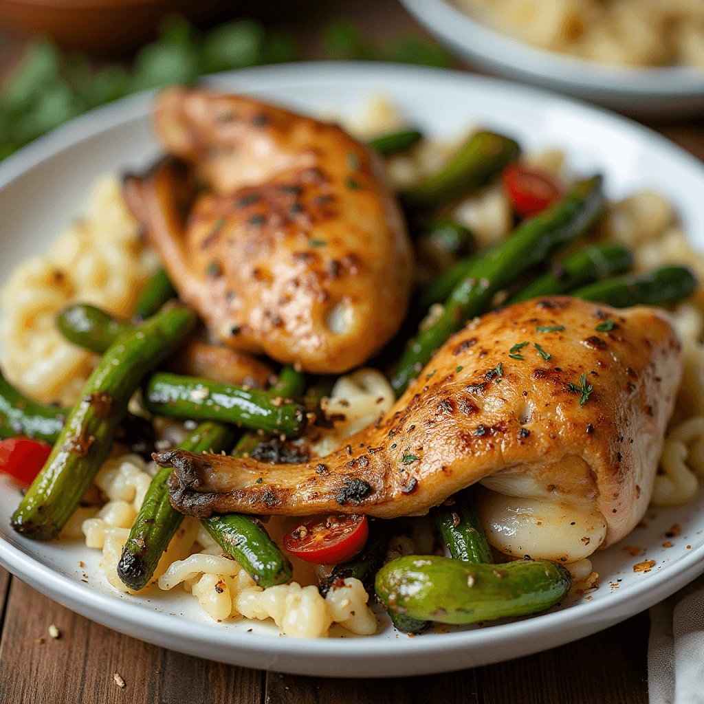 Petto di pollo grigliato servito con zucchine, peperoni e melanzane, un piatto sano e gustoso.