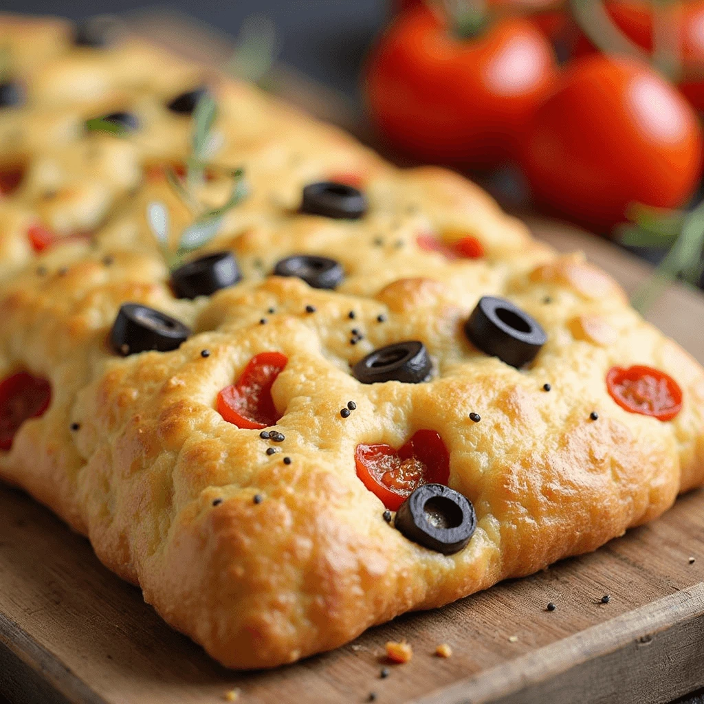 Focaccia fatta in casa appena sfornata con olive e pomodorini freschi.
