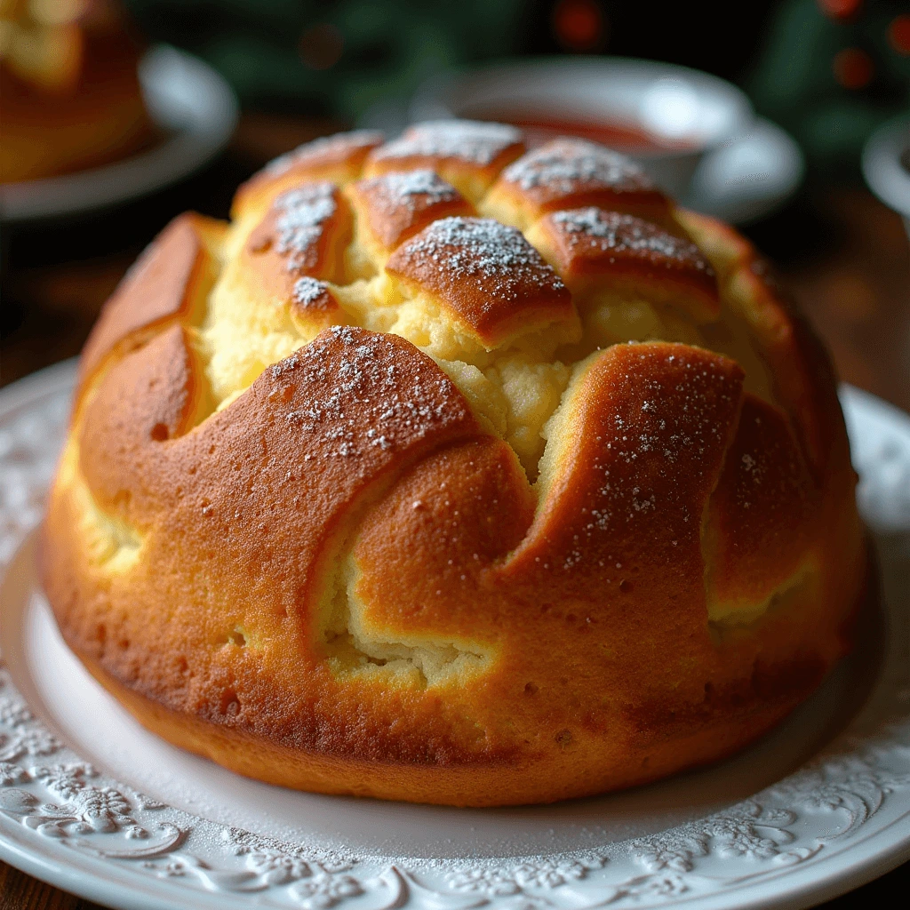"Panettone fatto in casa con la ricetta antica, perfettamente dorato e decorato con uvetta e canditi."