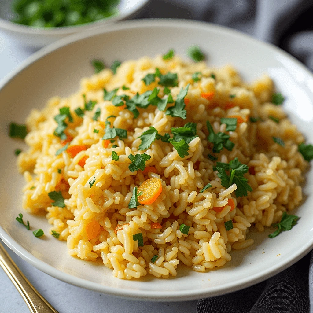 "Riso basmati con spezie e verdure colorate, servito caldo in un piatto elegante."