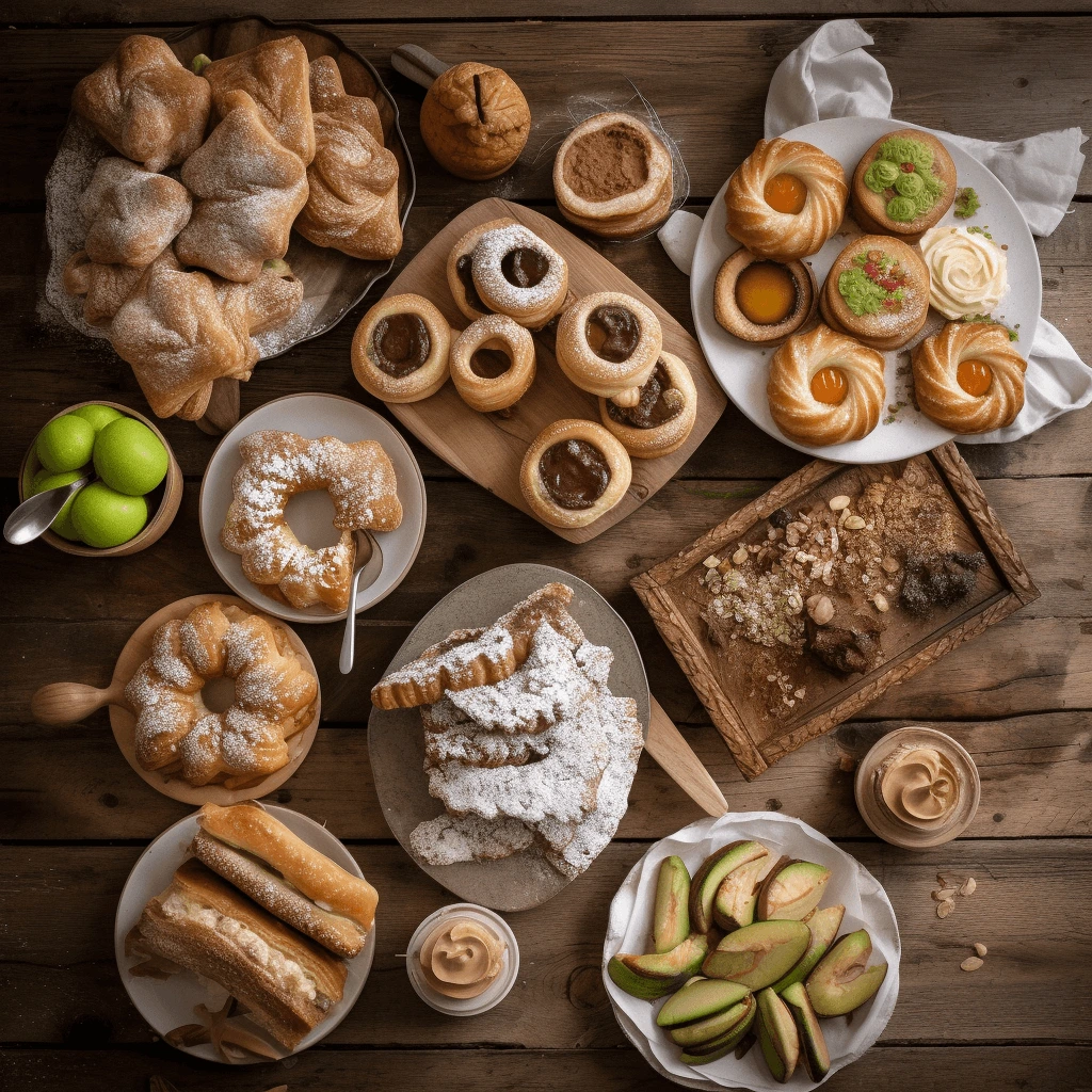 Dolci con Pasta Sfoglia: un assortimento di dolci italiani tra cui sfogliatine alla marmellata, cornetti alla Nutella, crostatine con mele e cannella, girelle alla crema e cioccolato, e sfogliatine al pistacchio