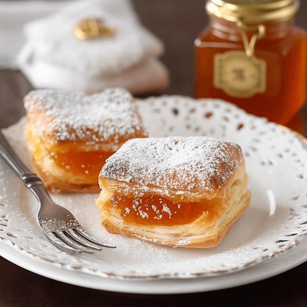 Sfogliatine alla Marmellata: dolci con pasta sfoglia ripieni di marmellata, dorati e spolverati con zucchero a velo.