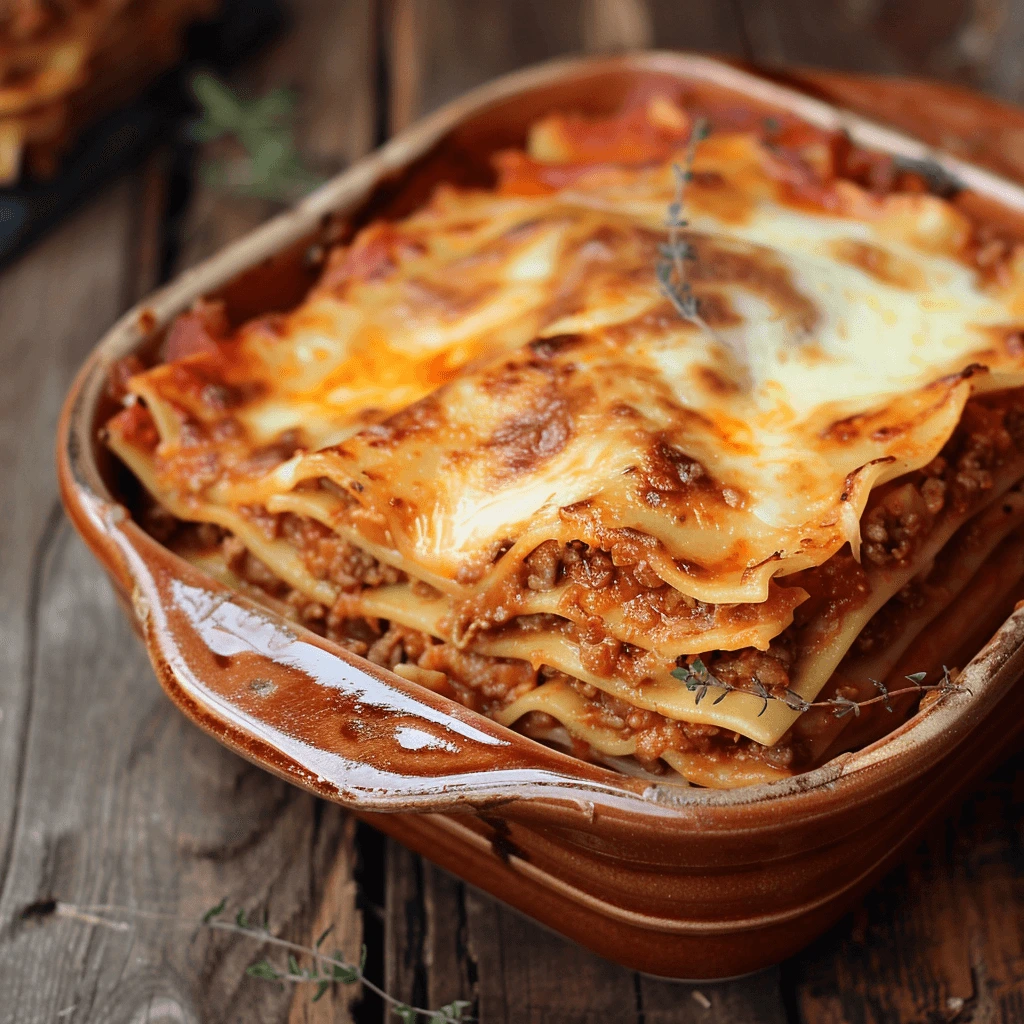 "Porzione di lasagna classica al forno su un piatto bianco, con strati visibili di pasta, ragù, besciamella e mozzarella filante."