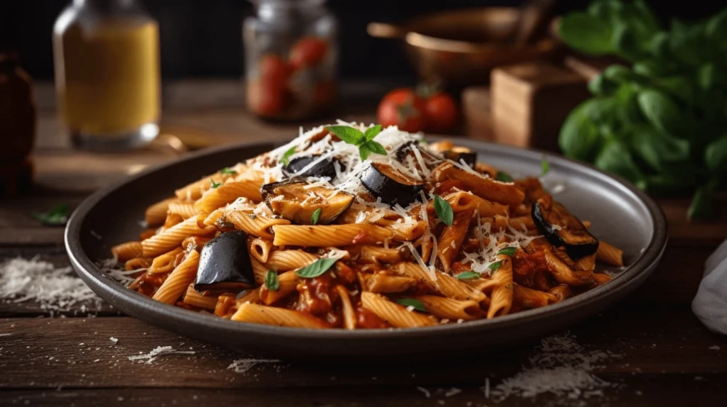 Pasta alla Norma con melanzane fritte, salsa di pomodoro, ricotta salata grattugiata e foglie di basilico fresco servita su un piatto di ceramica rustica